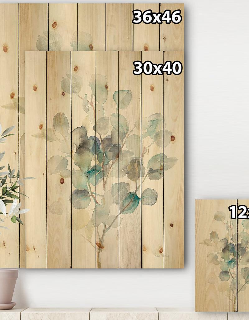 DesignQ Eucalyptus Leaves I - Farmhouse Print On Natural Pine Wood