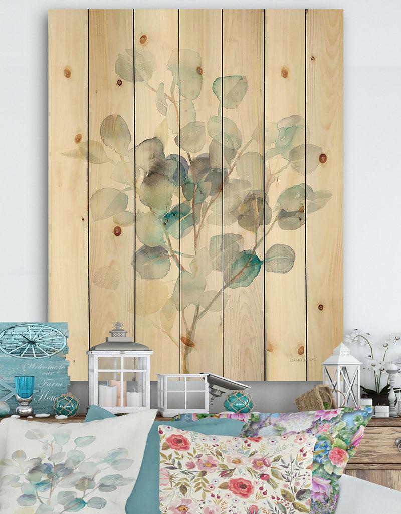 DesignQ Eucalyptus leaves I - Farmhouse Print on Natural Pine Wood