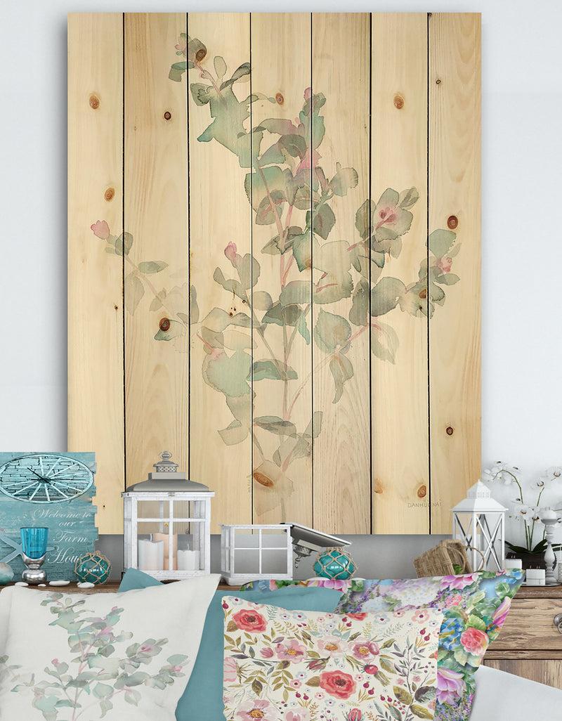 DesignQ Eucalyptus leaves II - Farmhouse Print on Natural Pine Wood