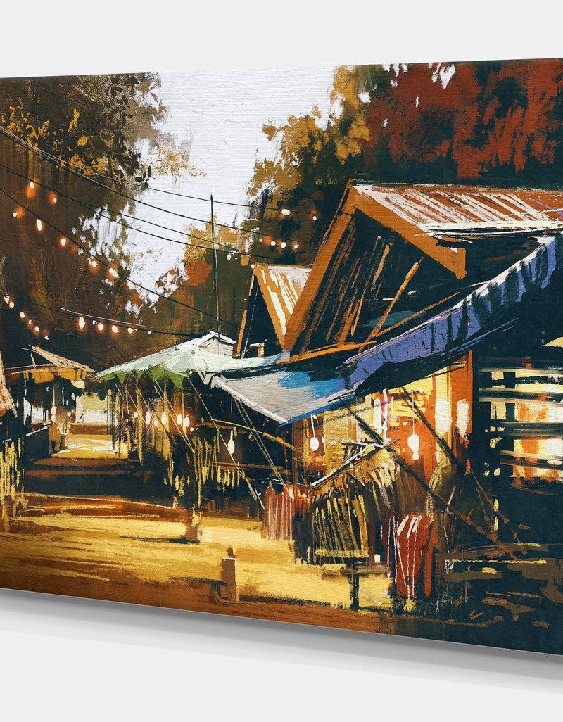 DesignQ Evening Traditional Market In Oil Painting - Cityscapes Painting Print On Wrapped Canvas