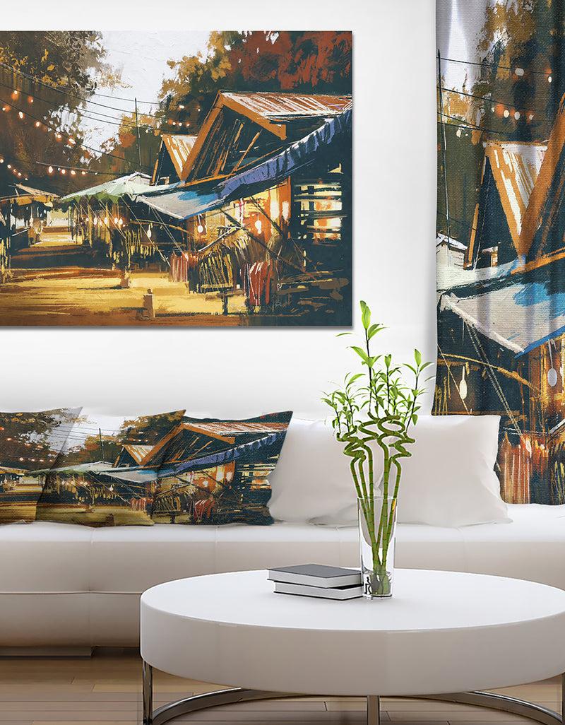 DesignQ Evening Traditional Market in Oil Painting - Cityscapes Painting Print on Wrapped Canvas