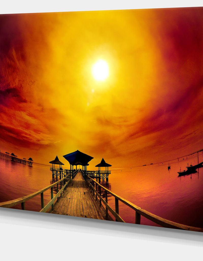 DesignQ Exotic Wood Pier Under Yellow Sun - Sea Bridge Canvas Wall Artwork