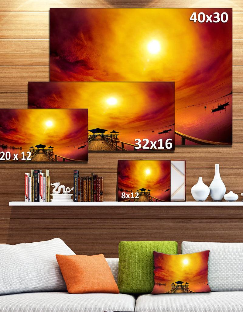 DesignQ Exotic Wood Pier Under Yellow Sun - Sea Bridge Canvas Wall Artwork