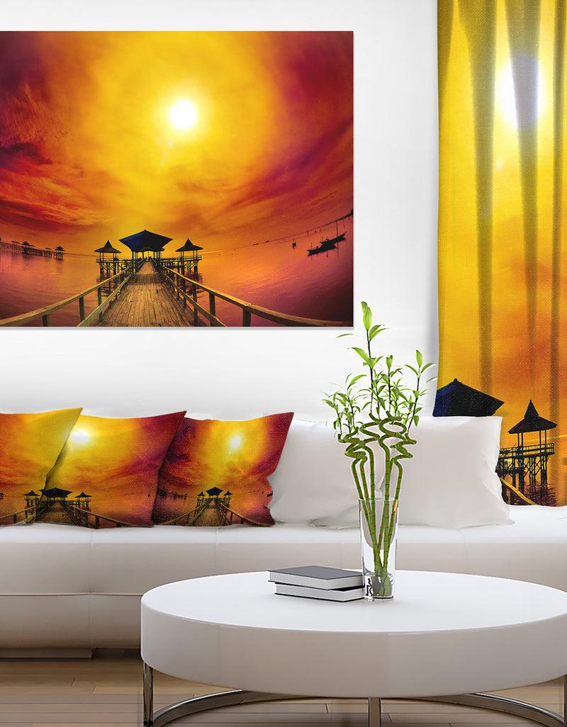 DesignQ Exotic Wood Pier under Yellow Sun - Sea Bridge Canvas Wall Artwork