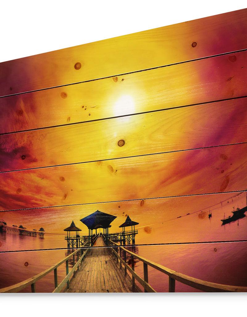 DesignQ Exotic Wood Pier Under Yellow Sun - Sea Bridge Print On Natural Pine Wood