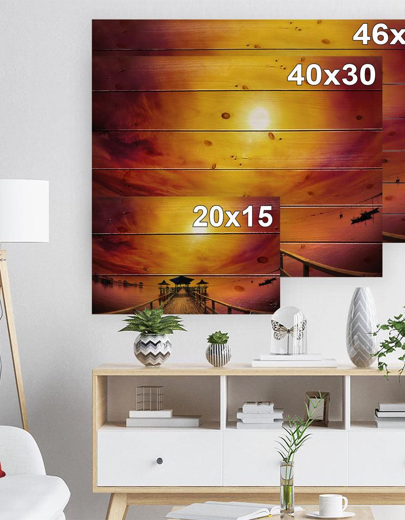 DesignQ Exotic Wood Pier Under Yellow Sun - Sea Bridge Print On Natural Pine Wood