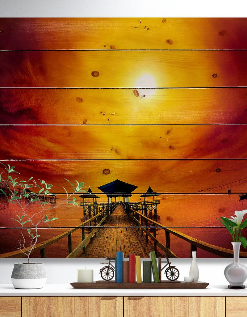 DesignQ Exotic Wood Pier under Yellow Sun - Sea Bridge Print on Natural Pine Wood