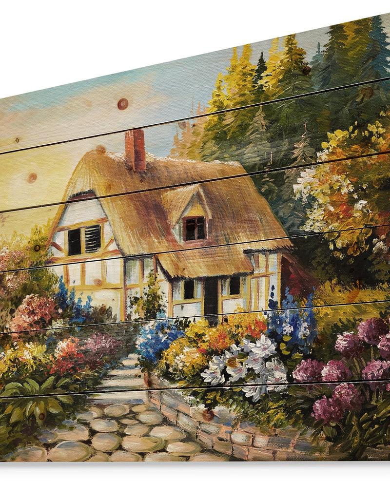 DesignQ Fairy House Oil Painting - Landscape Print On Natural Pine Wood