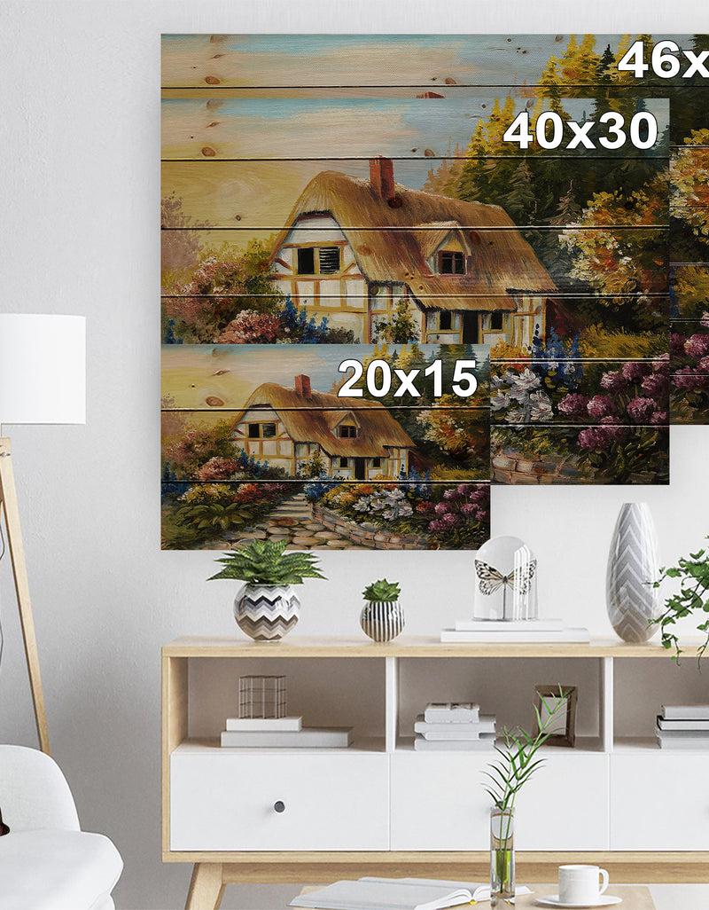 DesignQ Fairy House Oil Painting - Landscape Print On Natural Pine Wood