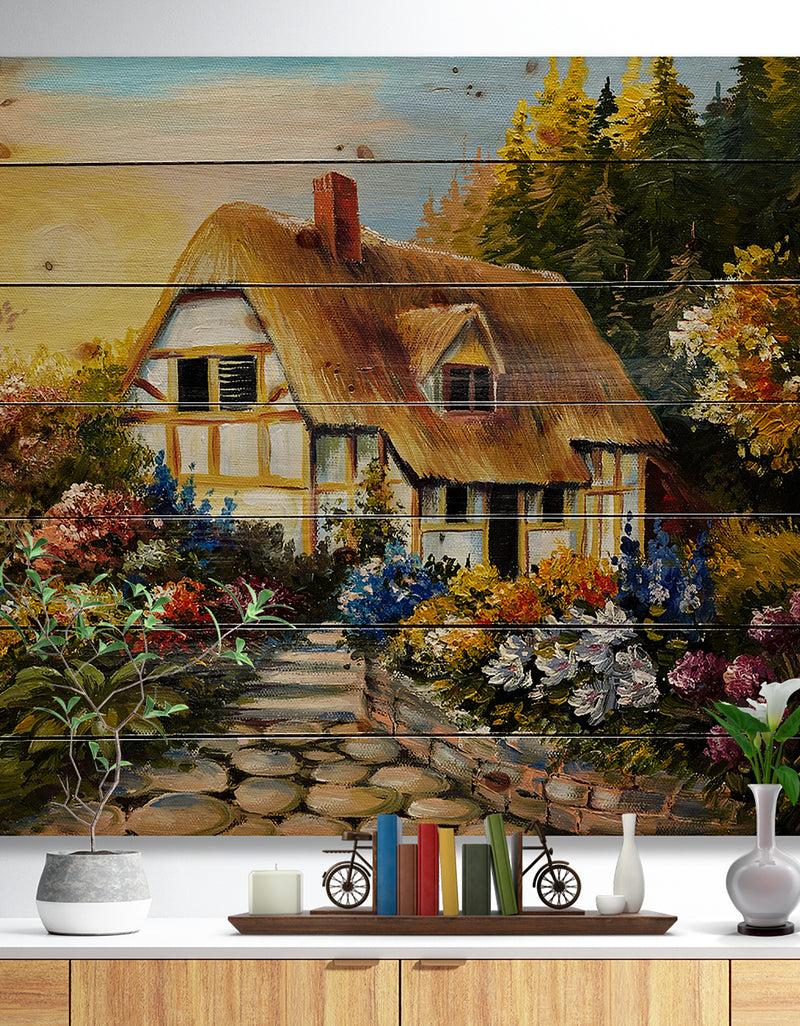 DesignQ Fairy House Oil Painting - Landscape Print on Natural Pine Wood
