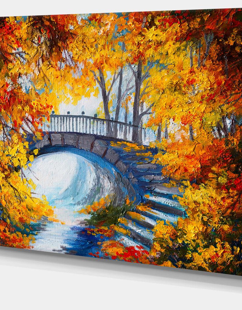 DesignQ Fall Forest With A Bridge - Landscape Canvas Artwork