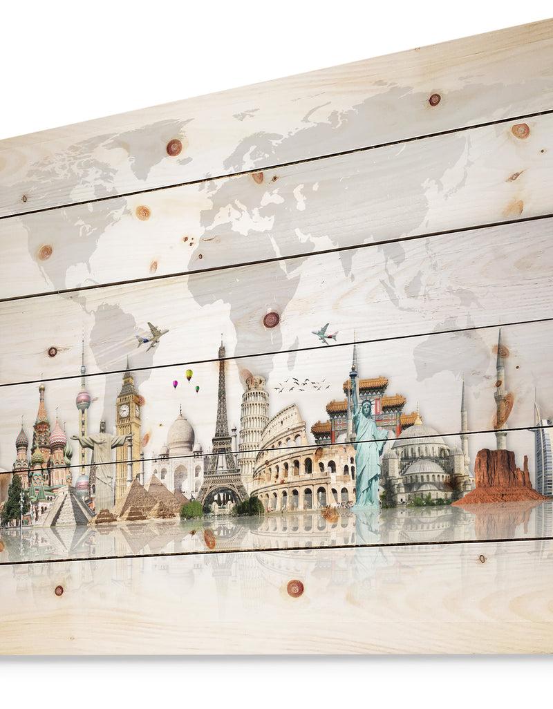 DesignQ Famous Monuments Across World Map - Print On Natural Pine Wood