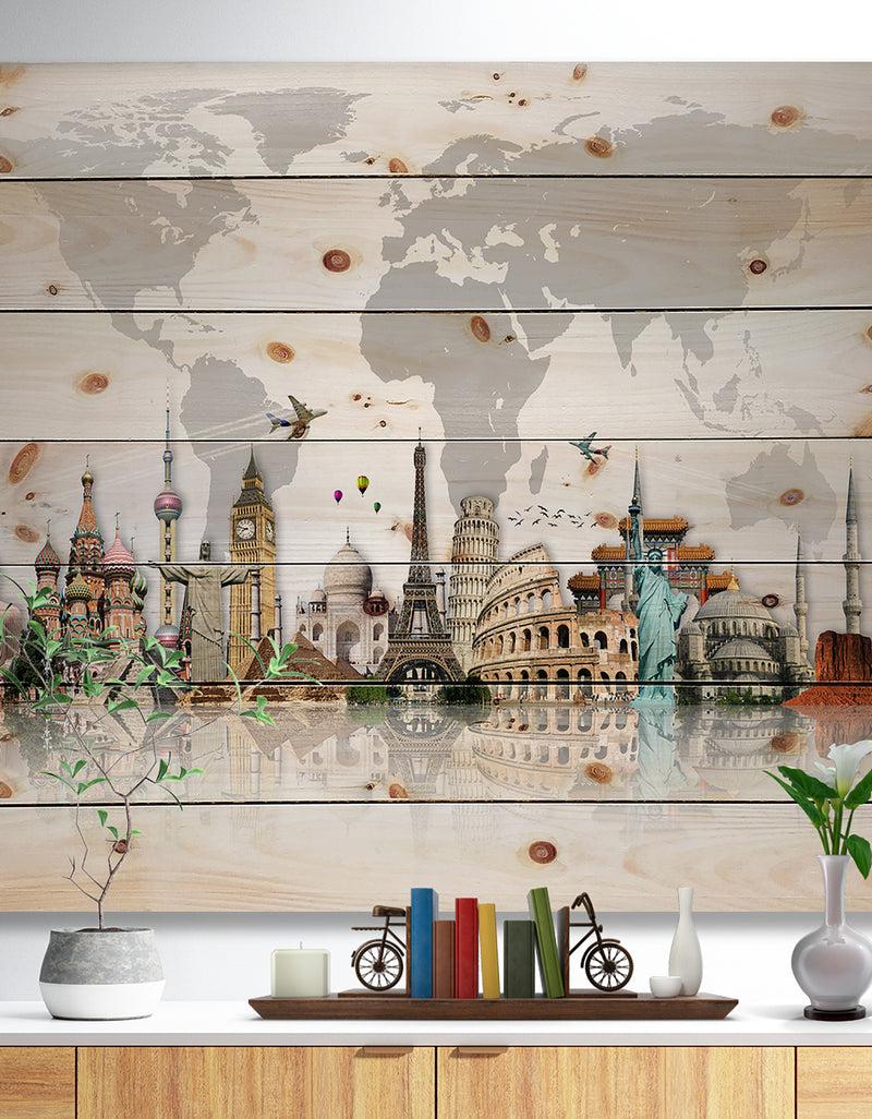 DesignQ Famous Monuments Across World Map - Print on Natural Pine Wood