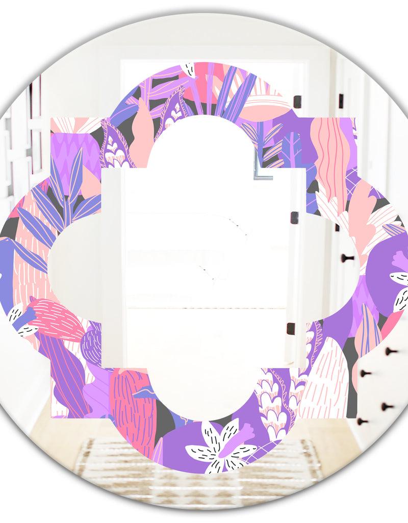 DesignQ Fantasy Flowers In Purple - Modern Round Or Oval Wall Mirror - Quatrefoil
