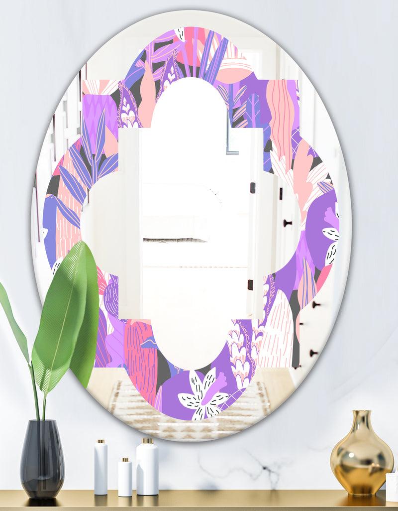 DesignQ Fantasy Flowers In Purple - Modern Round Or Oval Wall Mirror - Quatrefoil