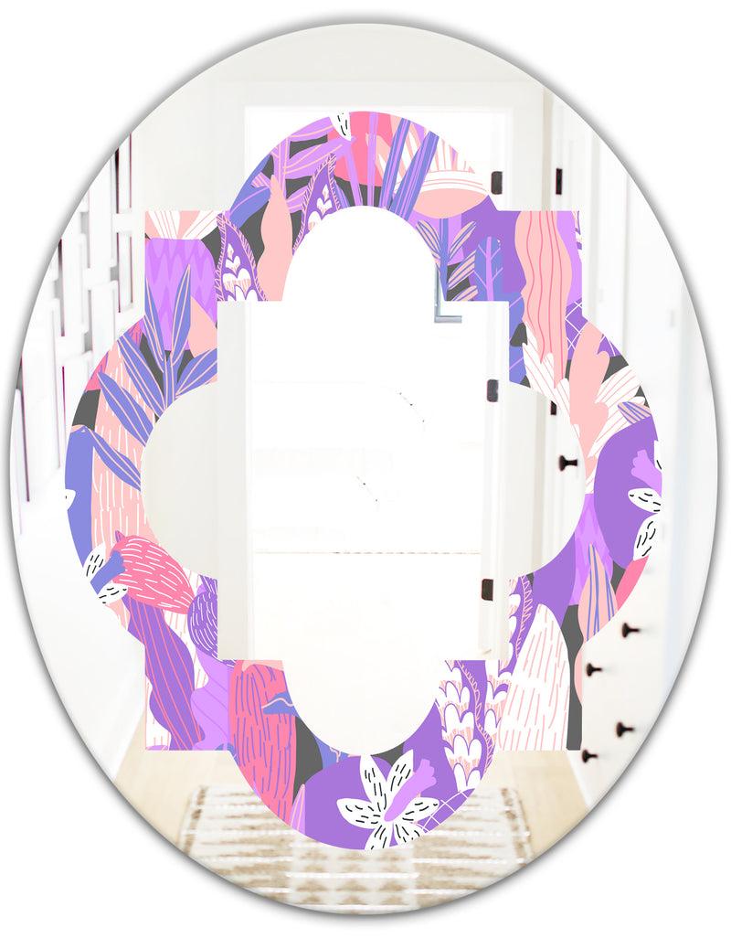 DesignQ Fantasy Flowers In Purple - Modern Round Or Oval Wall Mirror - Quatrefoil