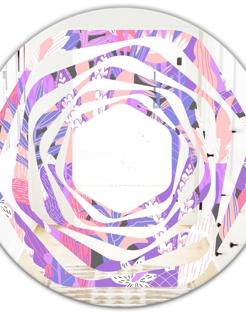 DesignQ Fantasy Flowers In Purple - Modern Round Or Oval Wall Mirror - Whirl