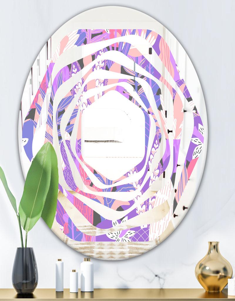 DesignQ Fantasy Flowers In Purple - Modern Round Or Oval Wall Mirror - Whirl