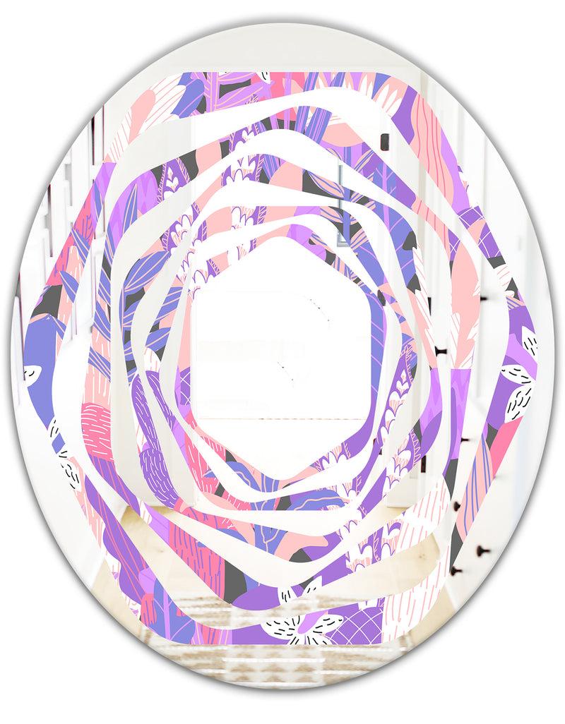 DesignQ Fantasy Flowers In Purple - Modern Round Or Oval Wall Mirror - Whirl
