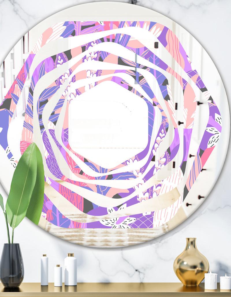 DesignQ Fantasy Flowers In Purple - Modern Round or Oval Wall Mirror - Whirl
