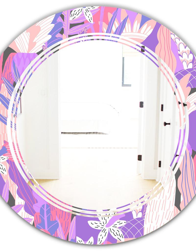 DesignQ Fantasy Flowers In Purple - Modern Round Or Oval Wall Mirror - Triple C