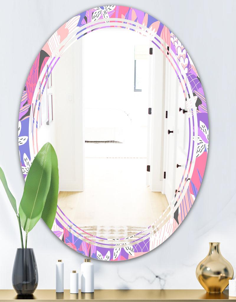 DesignQ Fantasy Flowers In Purple - Modern Round Or Oval Wall Mirror - Triple C