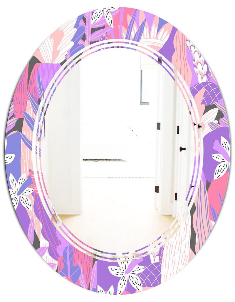 DesignQ Fantasy Flowers In Purple - Modern Round Or Oval Wall Mirror - Triple C