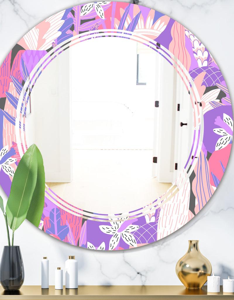 DesignQ Fantasy Flowers In Purple - Modern Round or Oval Wall Mirror - Triple C