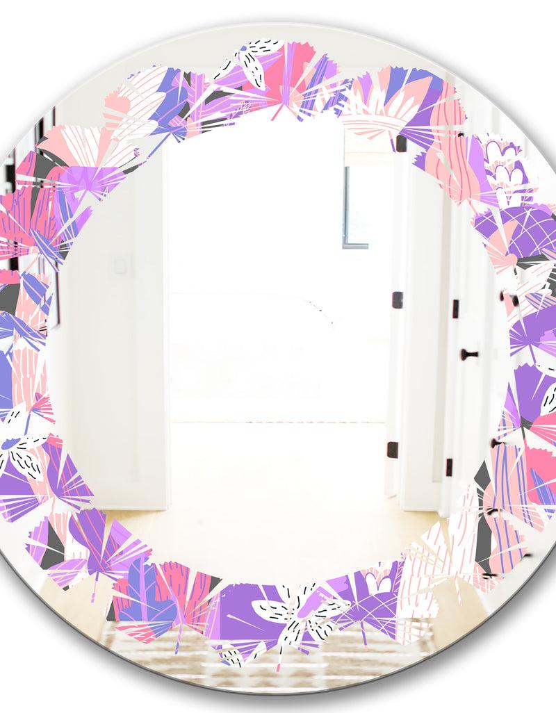 DesignQ Fantasy Flowers In Purple - Modern Round Or Oval Wall Mirror - Leaves