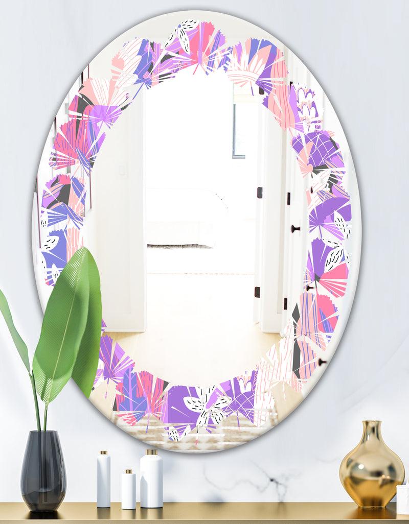 DesignQ Fantasy Flowers In Purple - Modern Round Or Oval Wall Mirror - Leaves