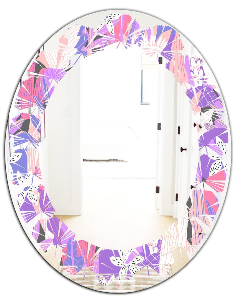 DesignQ Fantasy Flowers In Purple - Modern Round Or Oval Wall Mirror - Leaves