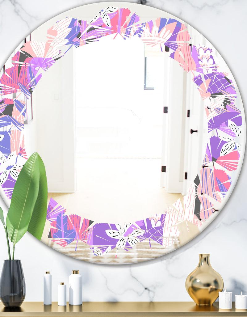 DesignQ Fantasy Flowers In Purple - Modern Round or Oval Wall Mirror - Leaves