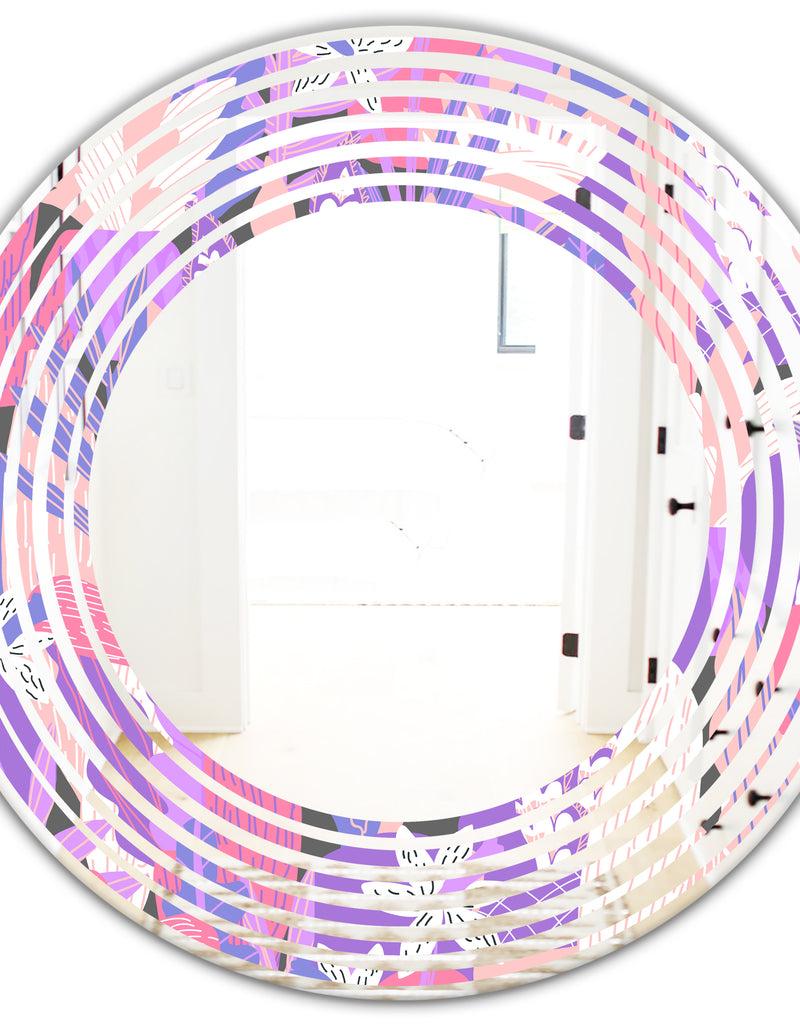 DesignQ Fantasy Flowers In Purple - Modern Round Or Oval Wall Mirror - Wave