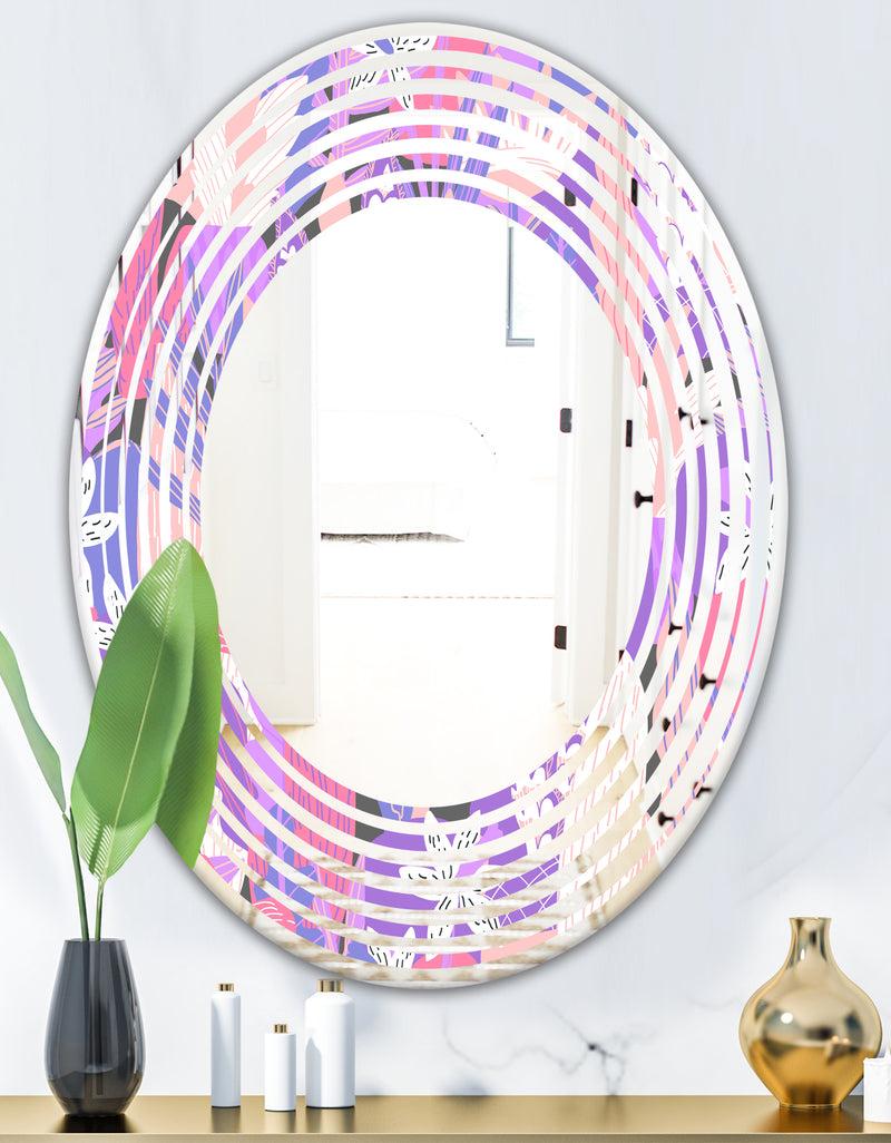 DesignQ Fantasy Flowers In Purple - Modern Round Or Oval Wall Mirror - Wave