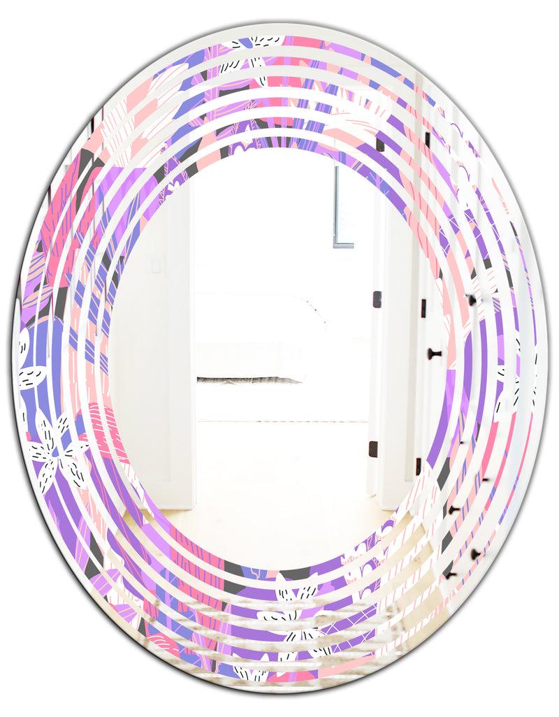 DesignQ Fantasy Flowers In Purple - Modern Round Or Oval Wall Mirror - Wave