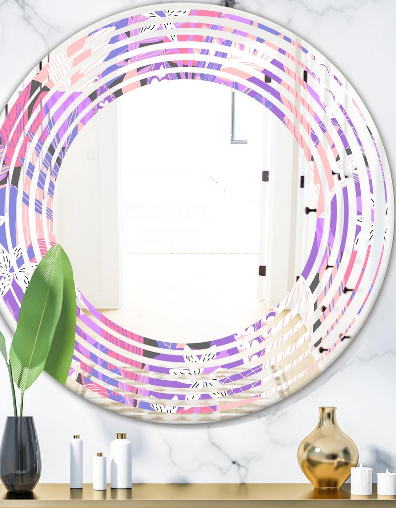 DesignQ Fantasy Flowers In Purple - Modern Round or Oval Wall Mirror - Wave