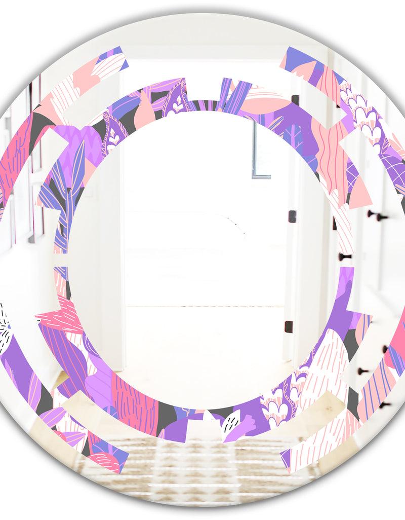 DesignQ Fantasy Flowers In Purple - Modern Round Or Oval Wall Mirror - Space