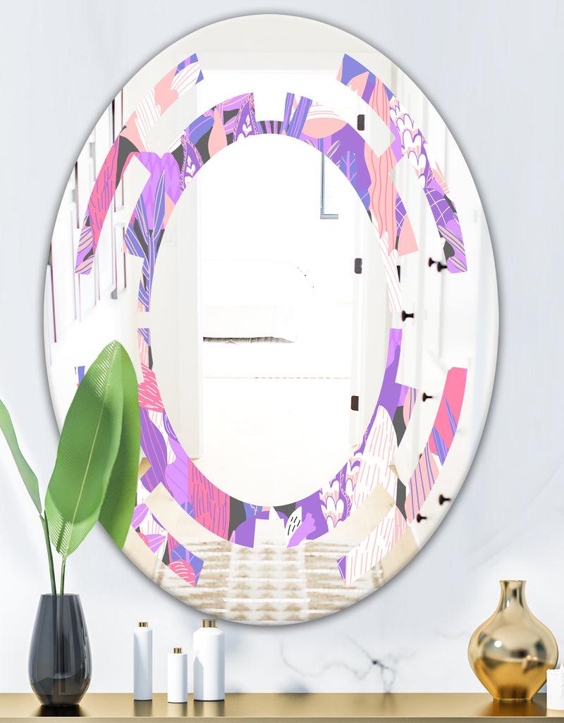 DesignQ Fantasy Flowers In Purple - Modern Round Or Oval Wall Mirror - Space