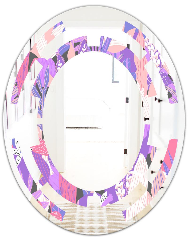 DesignQ Fantasy Flowers In Purple - Modern Round Or Oval Wall Mirror - Space