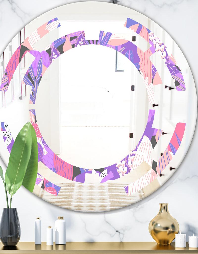 DesignQ Fantasy Flowers In Purple - Modern Round or Oval Wall Mirror - Space