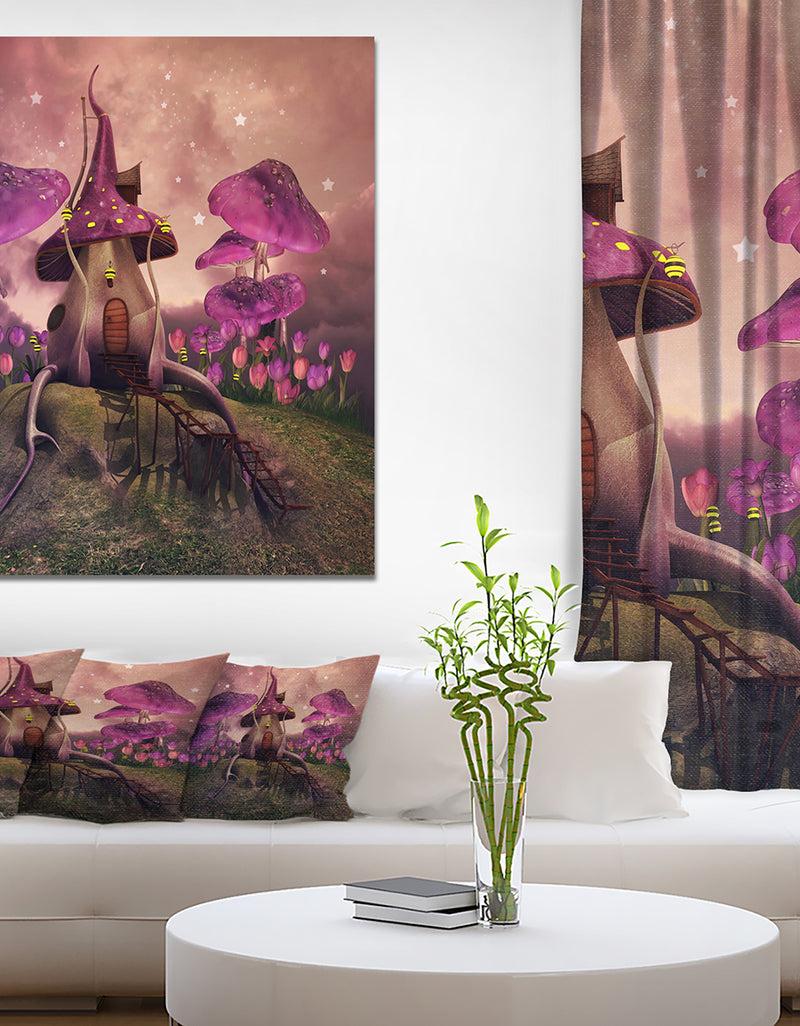 DesignQ Fantasy mushrooms on a hill - Floral Painting Print on Wrapped Canvas