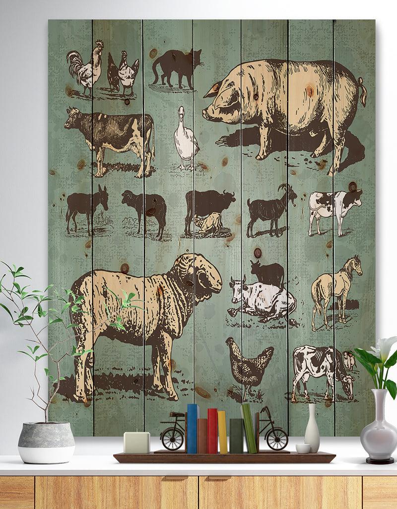 DesignQ Farm animals vintage set - Sketch of Farmhouse Animals of Painting Print on Natural Pine Wood