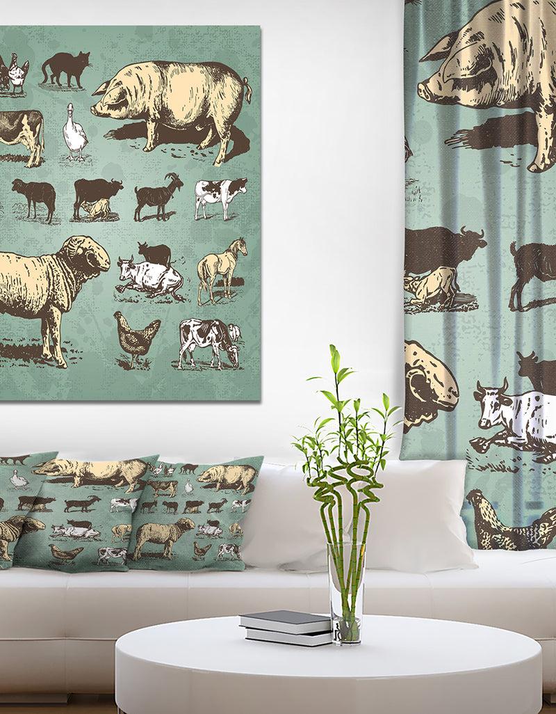 DesignQ Farm animals vintage set - Sketch of Farmhouse Animals of Painting Print on Wrapped Canvas