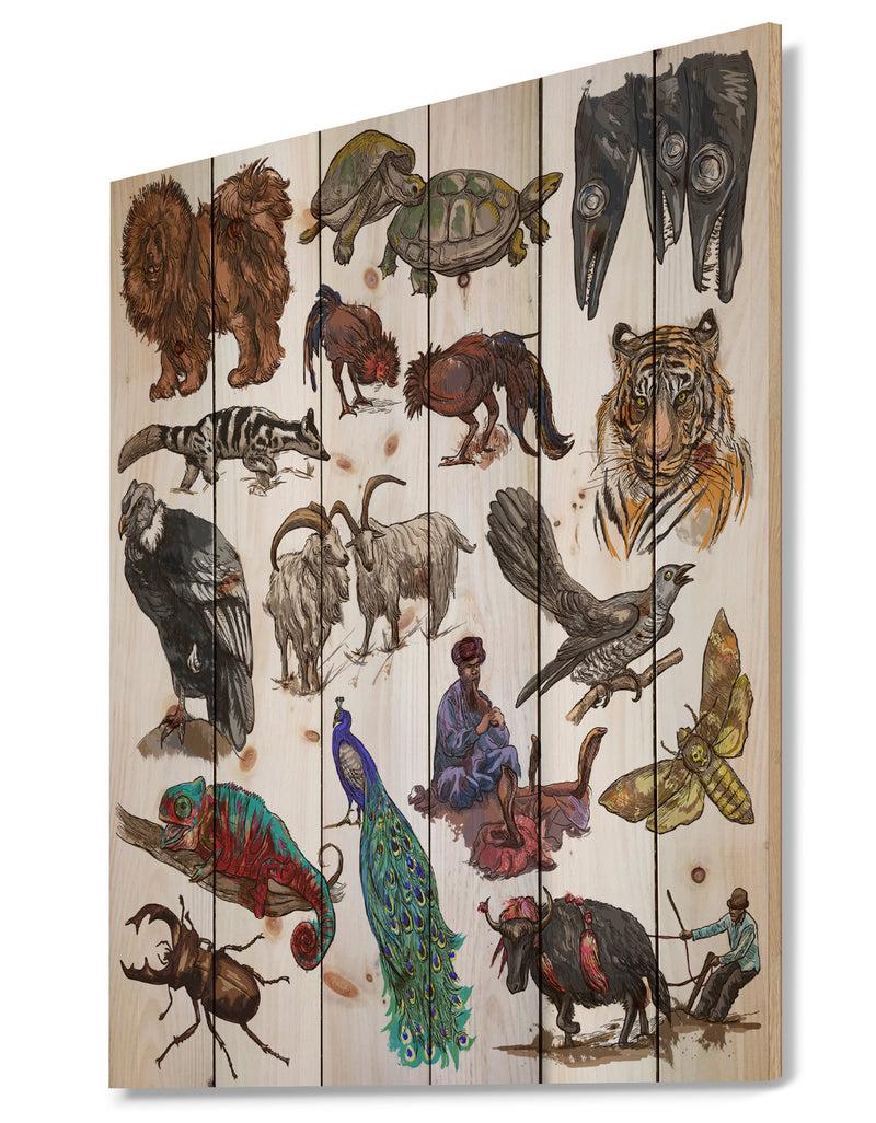 DesignQ Farmers In Freehand Sketching - Sketch Of Farmhouse Animals Of Painting Print On Natural Pine Wood