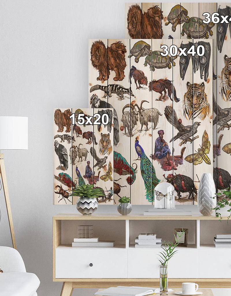 DesignQ Farmers In Freehand Sketching - Sketch Of Farmhouse Animals Of Painting Print On Natural Pine Wood