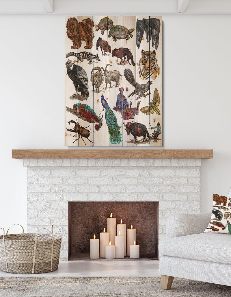 DesignQ Farmers in Freehand sketching - Sketch of Farmhouse Animals of Painting Print on Natural Pine Wood