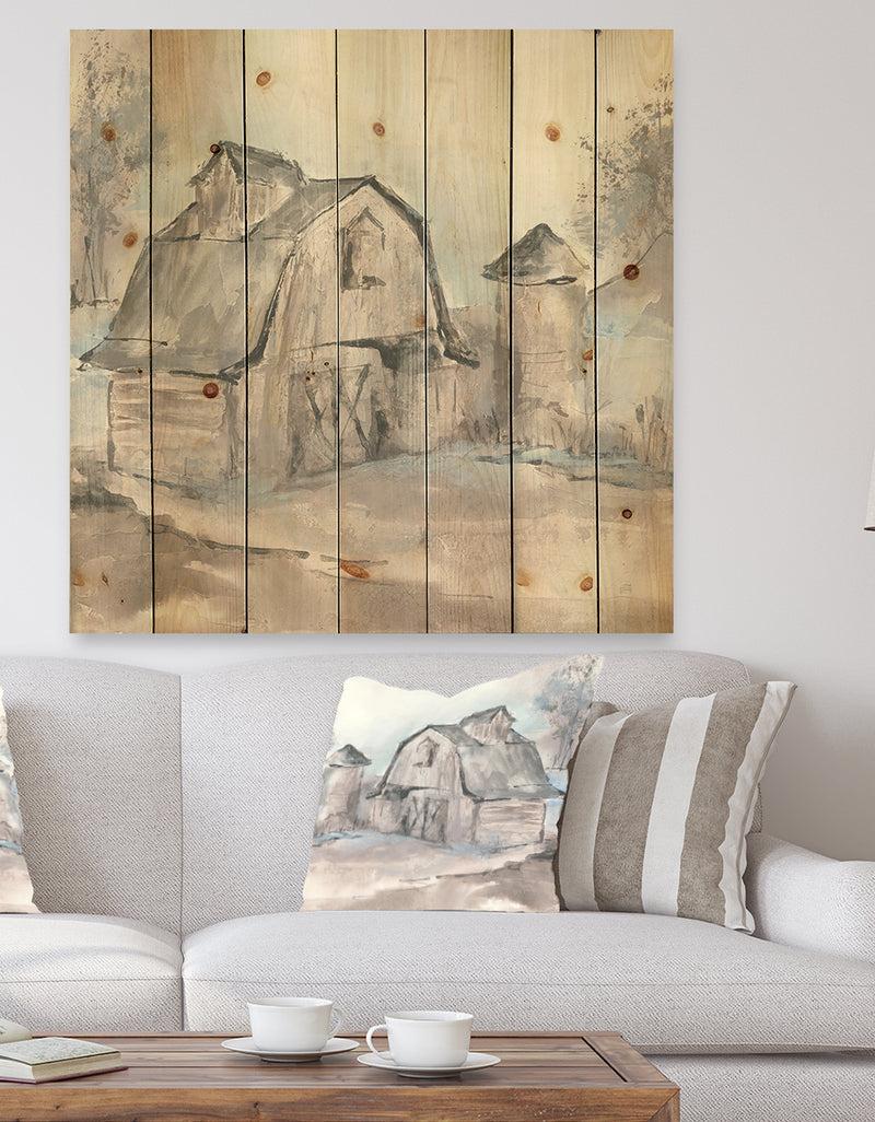 DesignQ Farmhouse Barn Grey V - Modern Farmhouse Print on Natural Pine Wood