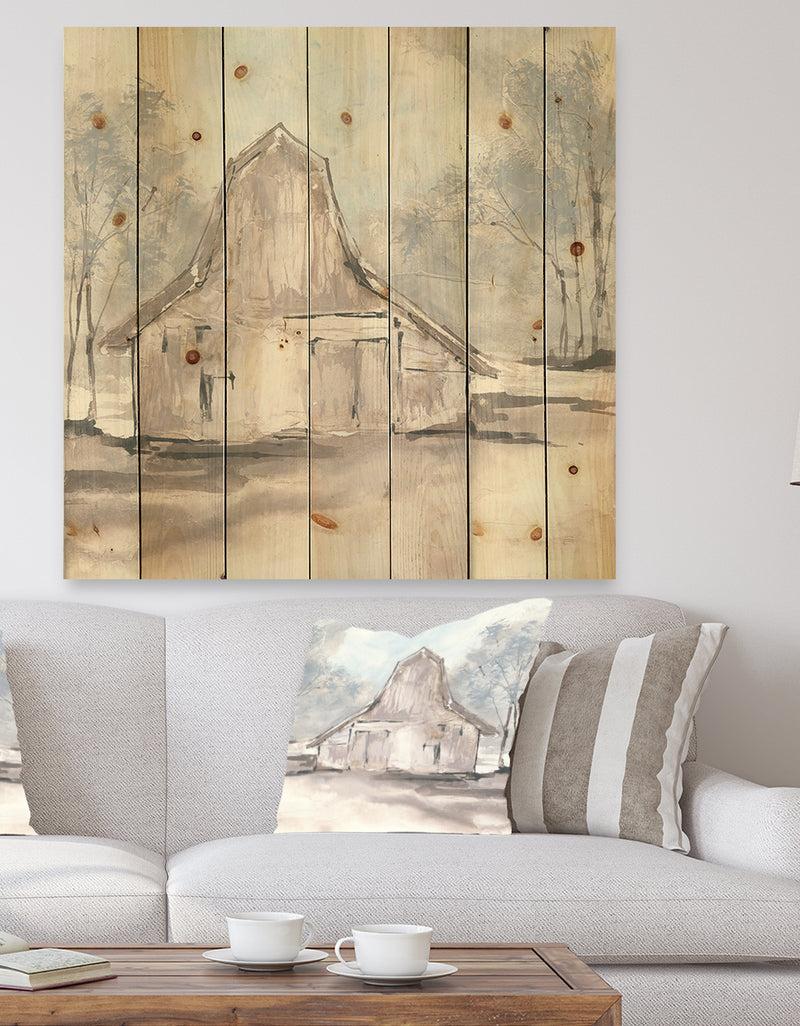 DesignQ Farmhouse Barn Grey VI - Modern Farmhouse Print on Natural Pine Wood