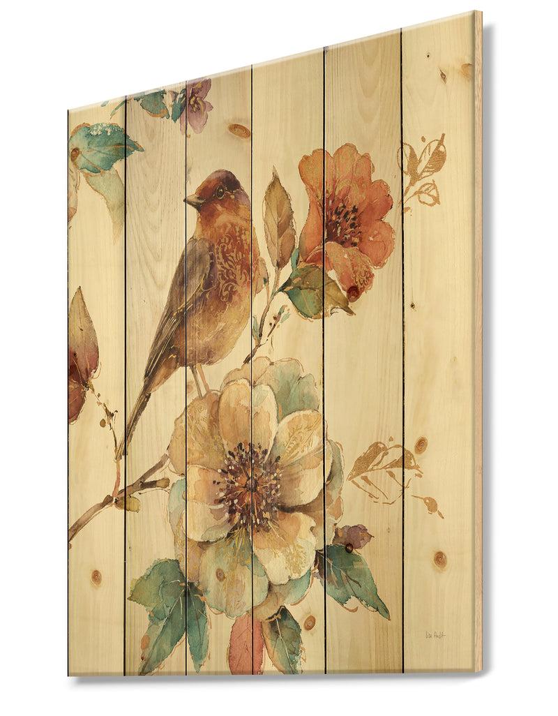 DesignQ Farmhouse Bird On Flower Branch - Traditional Print On Natural Pine Wood