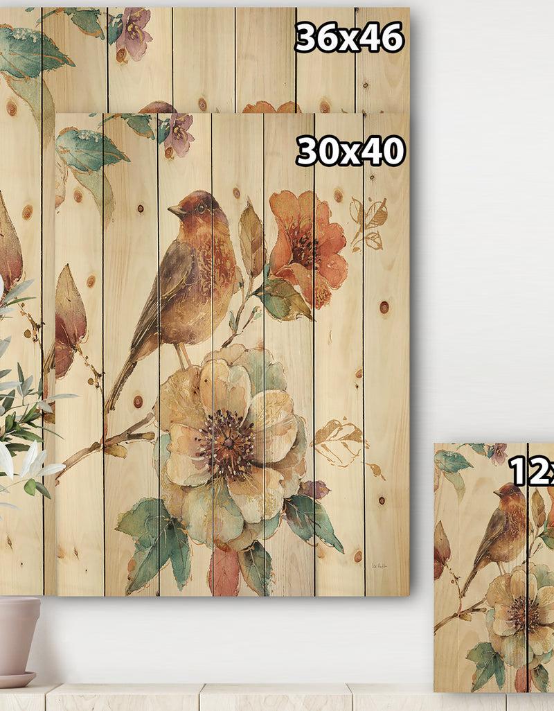 DesignQ Farmhouse Bird On Flower Branch - Traditional Print On Natural Pine Wood